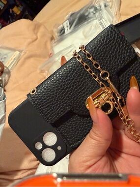 Black Leather Wallet Chain Phone Case with Gold Chain